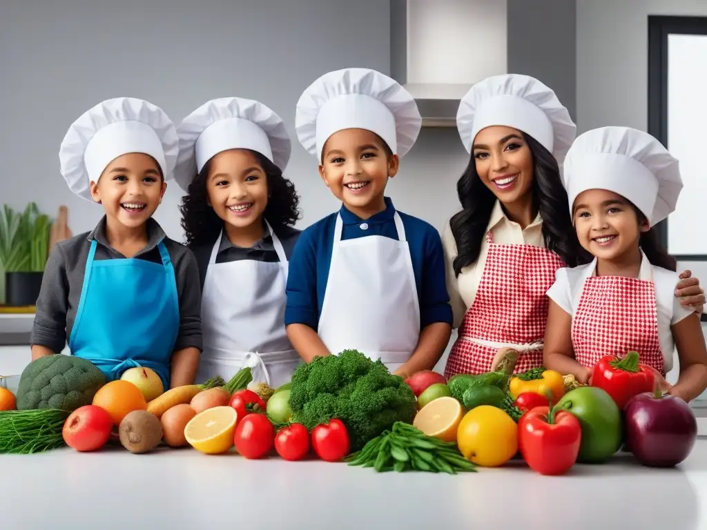 Un grupo feliz y diverso de niños cocinando recetas veganas divertidas juntos en la cocina, rodeados de alimentos frescos y utensilios