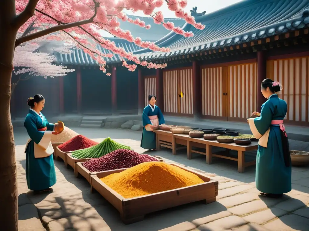 Grupo en hanboks prepara kimchi coreano tradicional en jarros de cerámica, rodeados de cerezos en flor