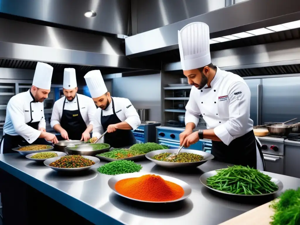 Un grupo de los mejores chefs de hoteles veganos preparando exquisitos platos en una cocina moderna y elegante