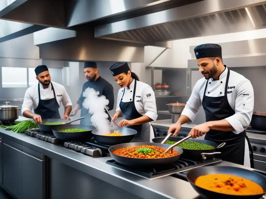 Un grupo multicultural de chefs preparando platos veganos en una cocina vibrante y moderna, fusionando técnicas culinarias