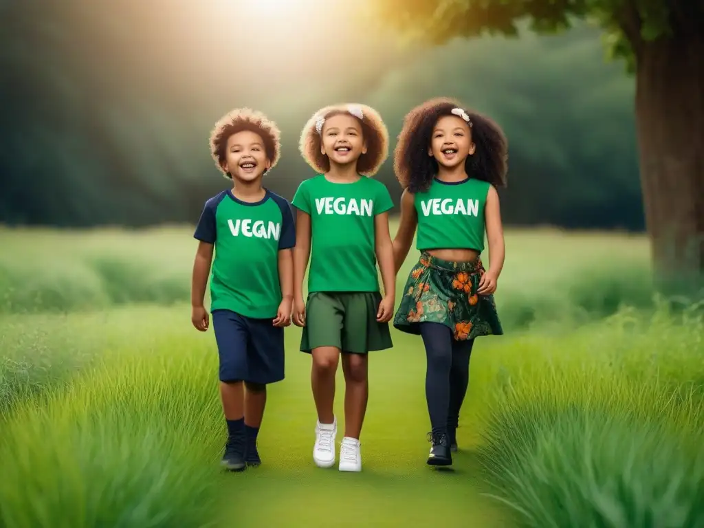 Un grupo de niños alegres y diversos, vistiendo moda infantil vegana sostenible, posan juguetonamente en un parque verde bajo el cálido sol