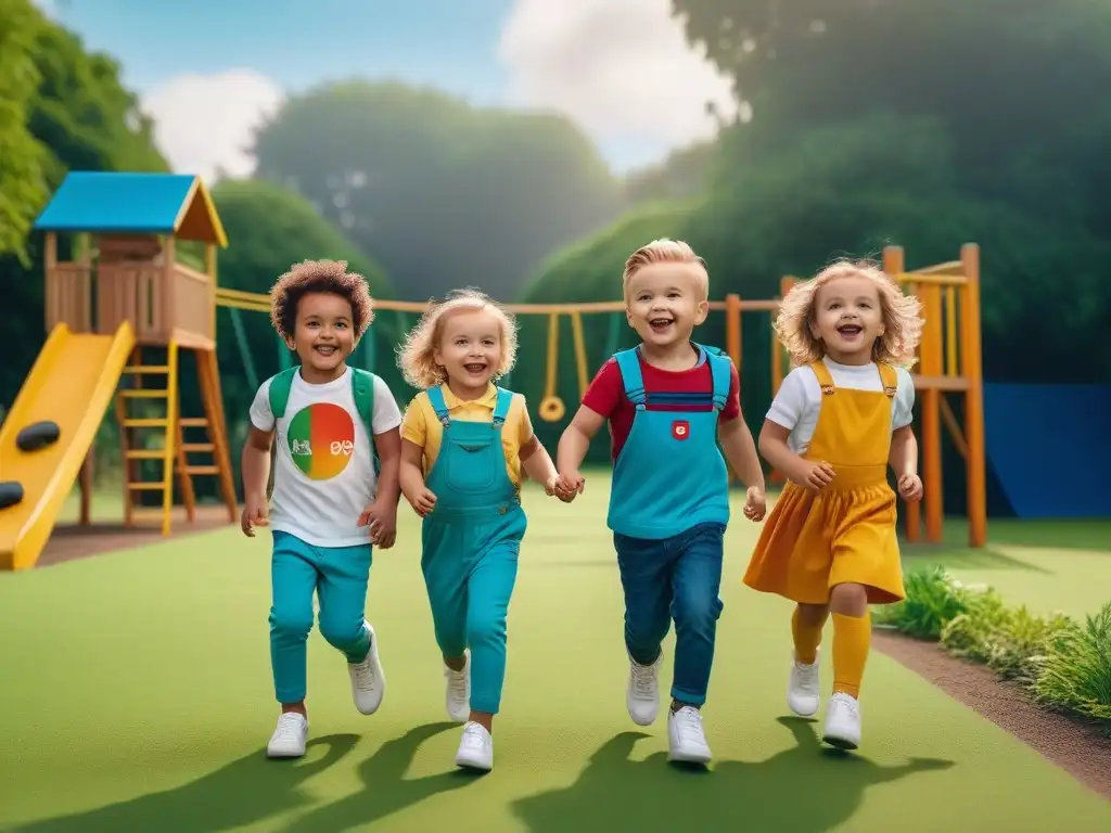 Grupo de niños felices jugando en un parque ecoamigable con ropa de moda infantil vegana sostenible