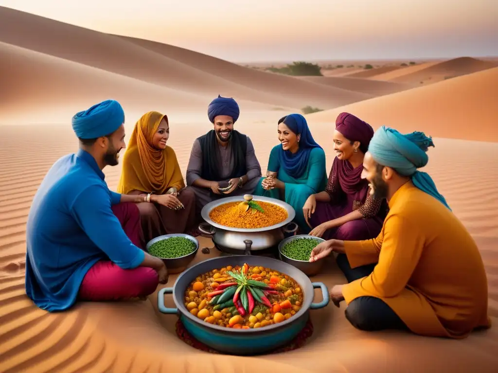 Un grupo de nómadas saharauis sonrientes comparten un tagine vegano en el desierto, fusionando recetas veganas tradicionales Sahara