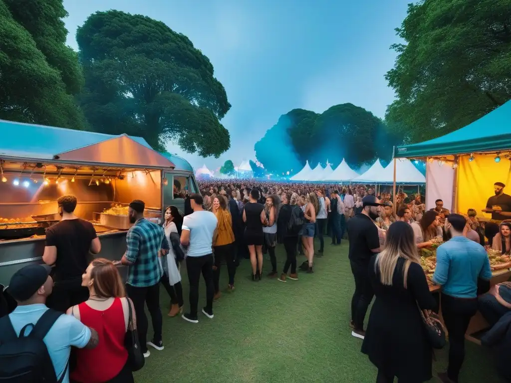 Grupo sonriente comparte comida vegana en festival de música con escenario y luces de fiesta