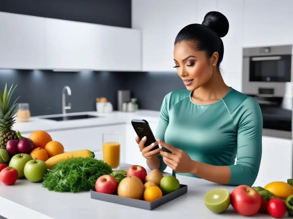 Grupo variado usando apps nutrición vegana para balancear comidas en una cocina moderna y luminosa