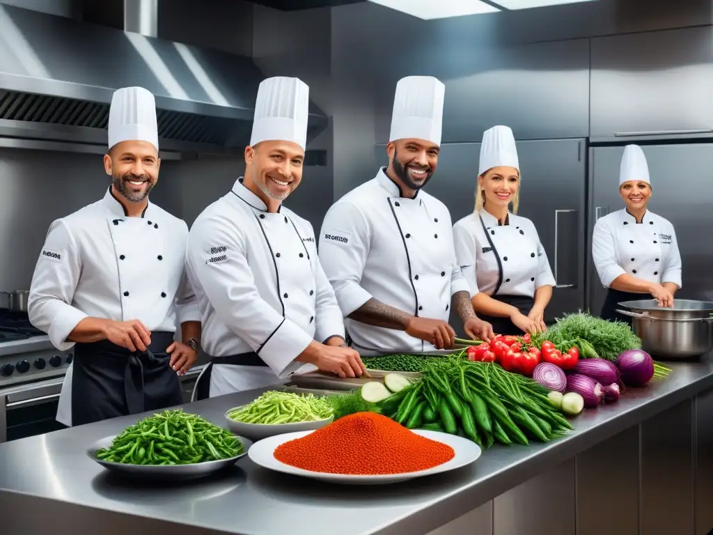 Grupo variado de chefs sonrientes preparando platos veganos con pasión en una cocina profesional, rodeados de ingredientes frescos