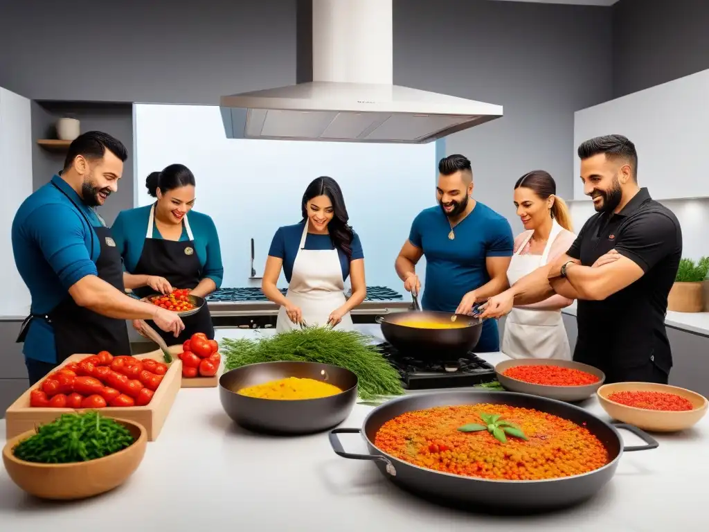 Grupo variado en taller cocina vegana tradicional España, preparando paella y gazpacho en cocina moderna con ingredientes tradicionales