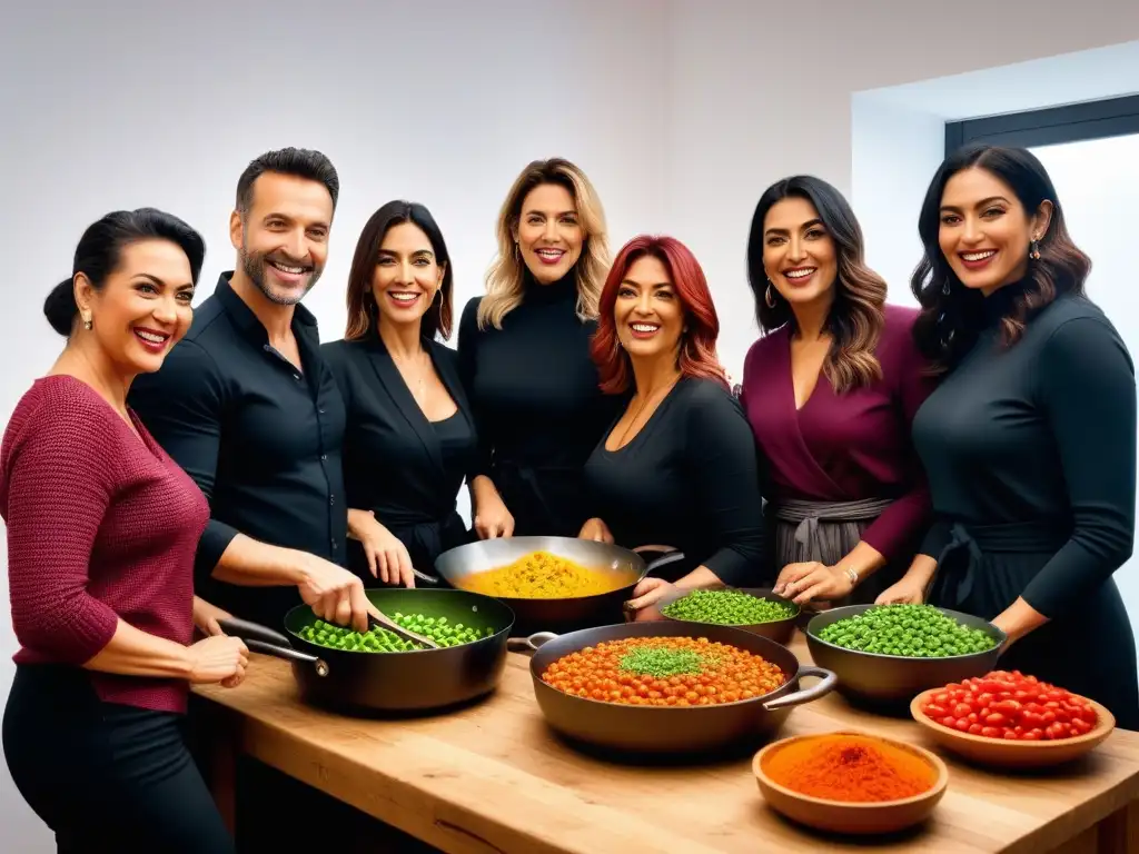 Grupo variado disfruta de taller cocina vegana en cocina española rústica con vegetales frescos y especias vibrantes