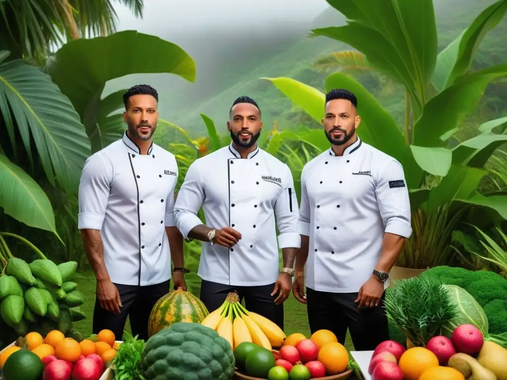 Un grupo vibrante de Chefs veganos caribeños destacados en un entorno tropical, rodeados de frutas y verduras exóticas