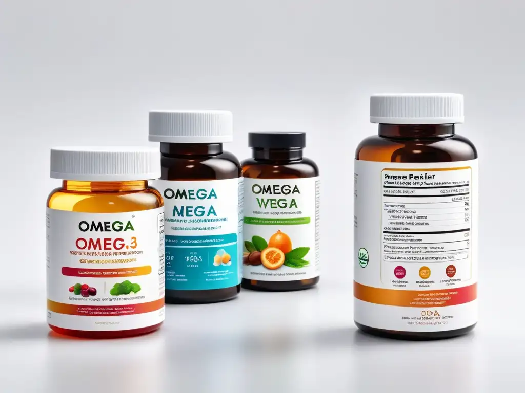 Una guía definitiva de suplementos Omega3 veganos, con cápsulas, gomitas y líquidos en un fondo blanco elegante