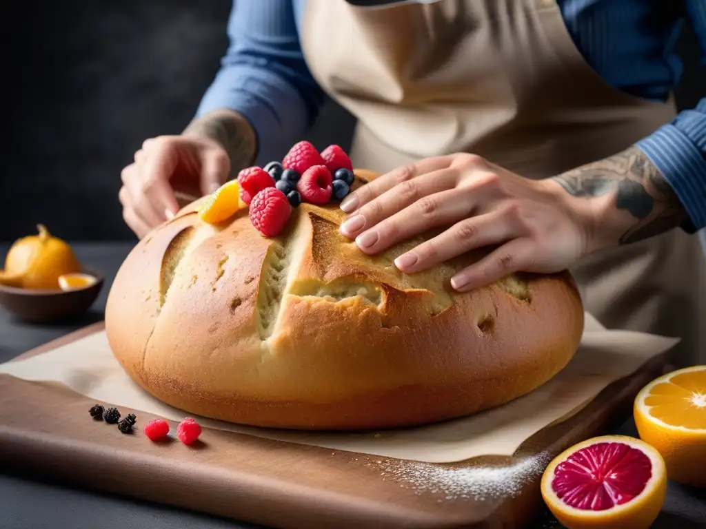 Un hábil panadero preparando panes dulces veganos con fermentación, rodeado de frutas frescas y especias aromáticas