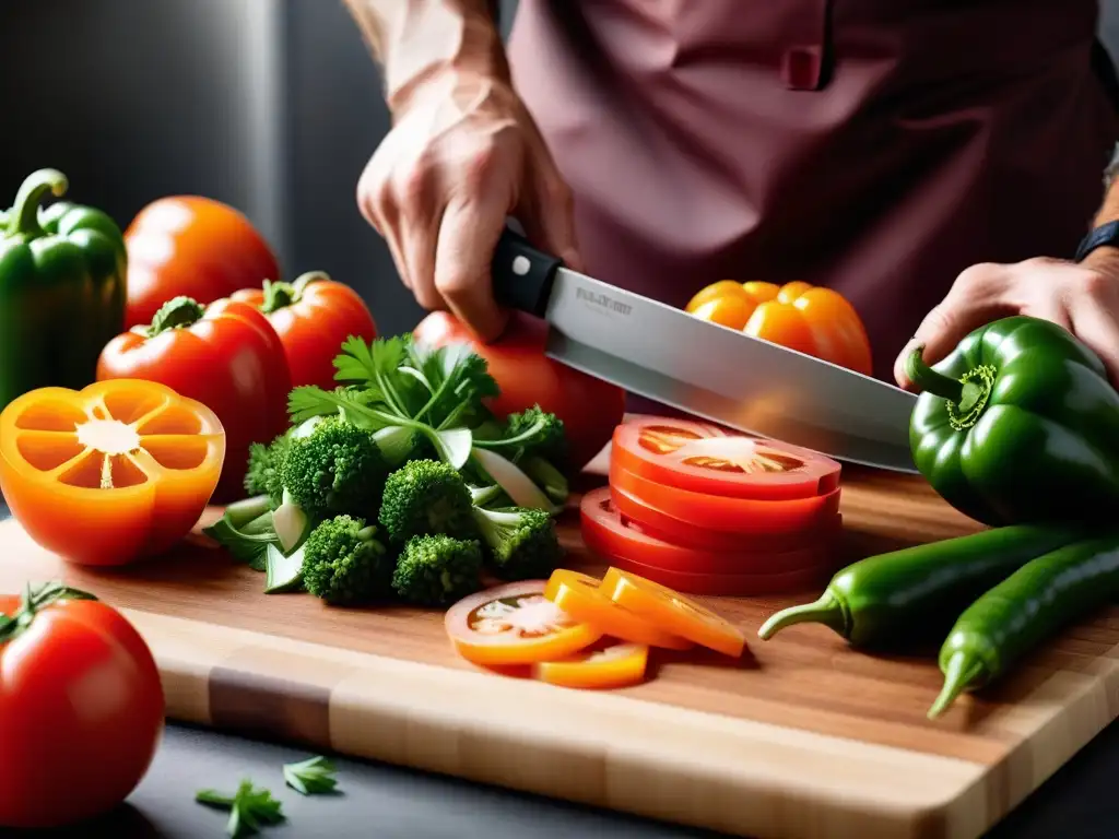 Las hábiles manos del chef cortando vegetales con precisión, técnica y arte en cocina vegana