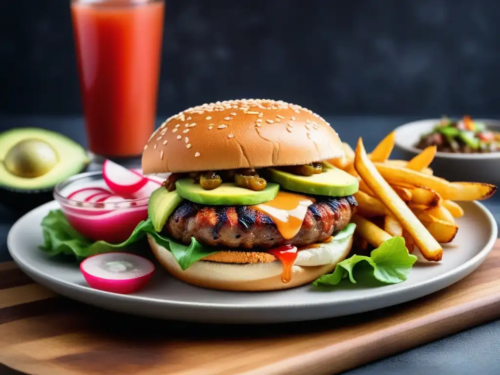 Una hamburguesa vegana inspiración asiática, con kimchi, teriyaki y sriracha, rodeada de ingredientes frescos y coloridos en un plato blanco