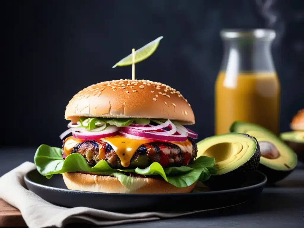 Hamburguesa vegana gourmet con ingredientes frescos y coloridos en un entorno de cocina chic industrial