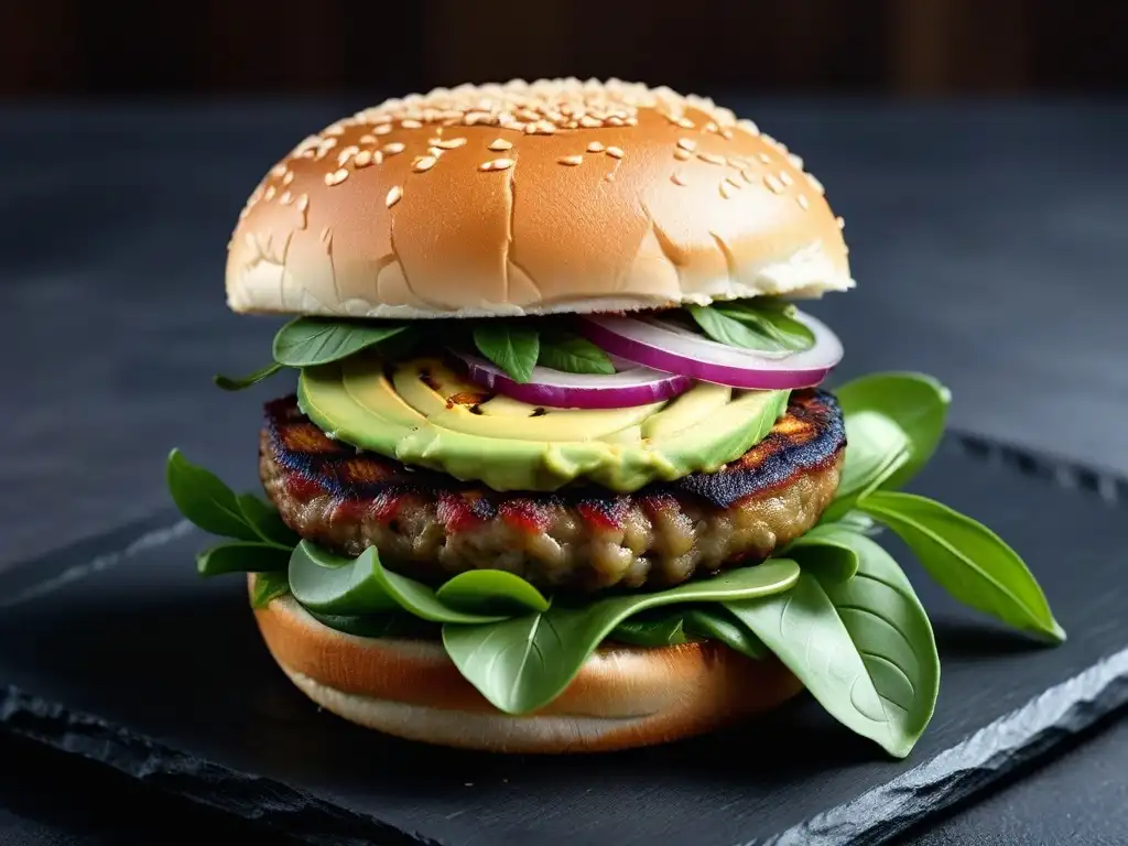 Una hamburguesa vegana innovadora y deliciosa en un plato de pizarra negro