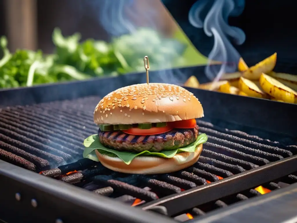 Hamburguesa vegana innovadora y deliciosa sizzling en la parrilla con humo alrededor