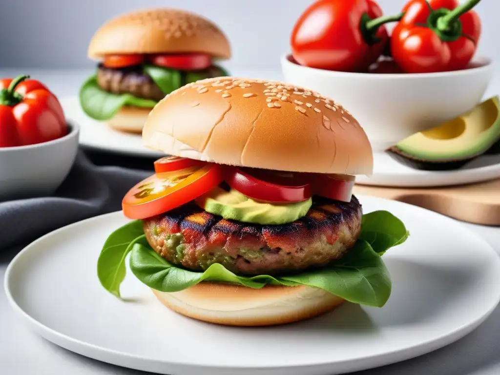 Hamburguesas veganas europeas deliciosas en presentación gourmet, con ingredientes frescos y coloridos en pan brioche tostado