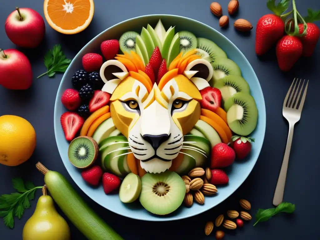 Un león hecho de frutas y verduras frescas, nueces, en una explosión de colores y creatividad