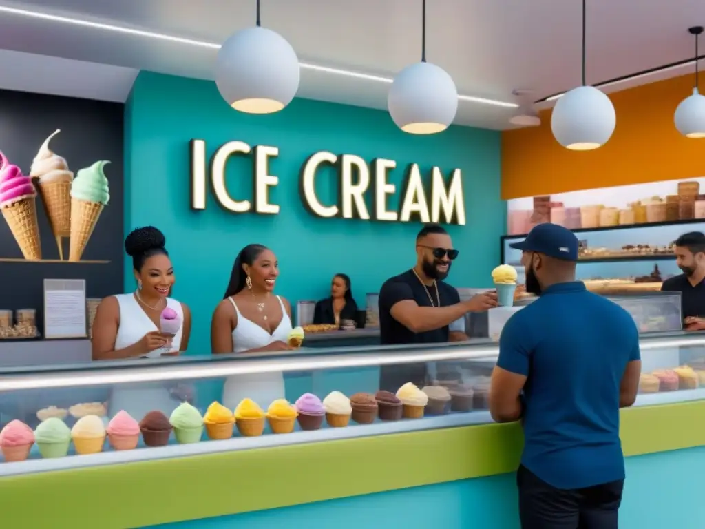 Una heladería vegana vibrante y creativa, donde clientes disfrutan de Innovaciones helados veganos deliciosos