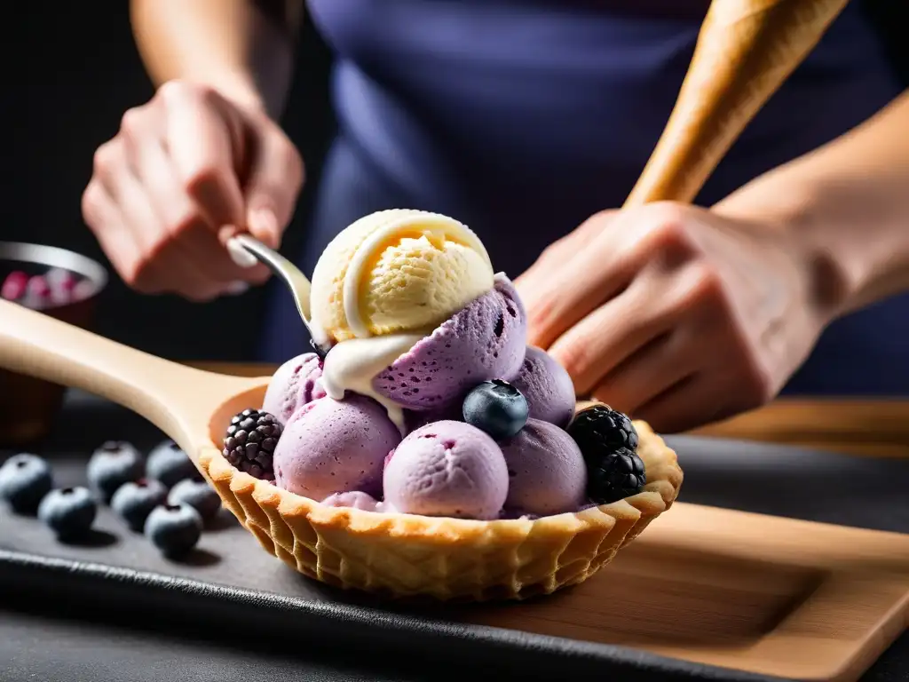 Un helado vegano artesanal de mora y coco siendo servido en un cono delicado, resaltando su exquisita elaboración