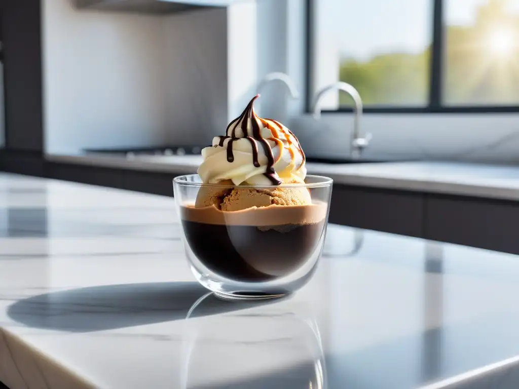 Un helado vegano casero en una cocina moderna con mármol blanco y chocolate