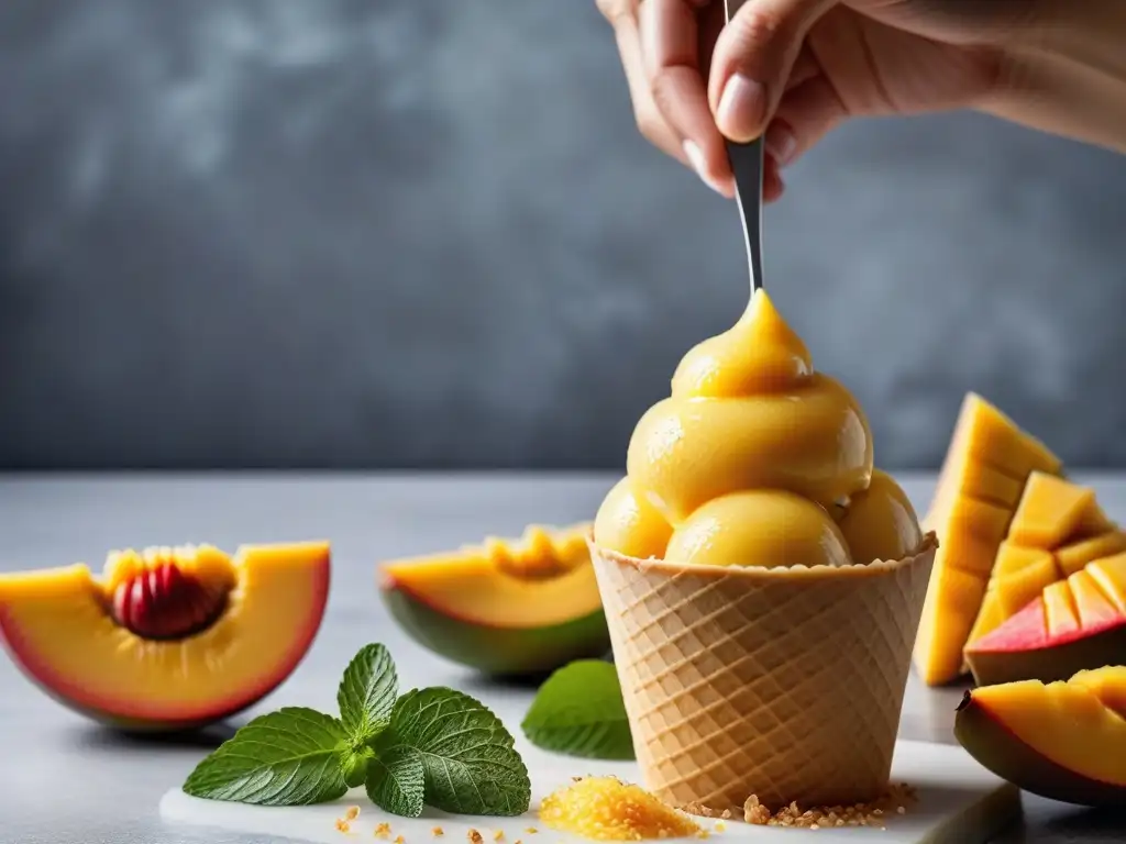 Un helado vegano de mango sobre cono sin gluten, decorado con coco y menta en una cocina moderna