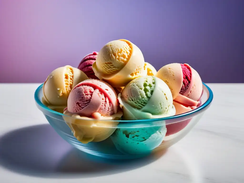 Helados veganos artesanales sabores en bol de cristal, colores vibrantes y textura cremosa