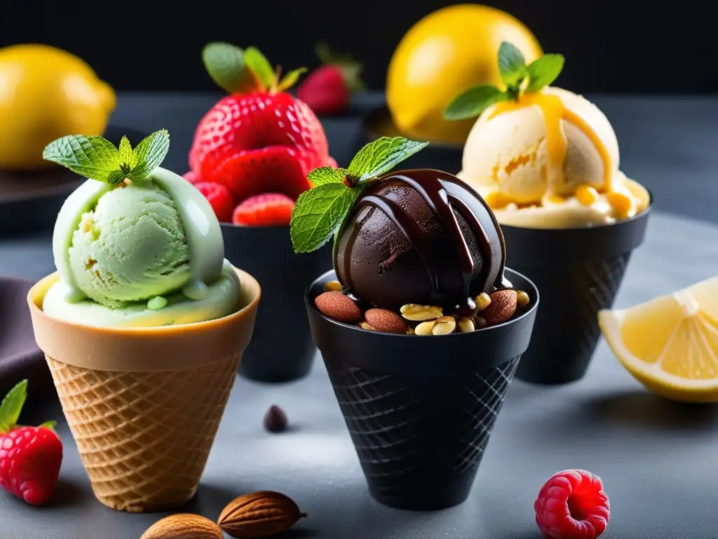 Helados veganos sin lácteos en cono negro con frutas y chocolate, en mercado animado