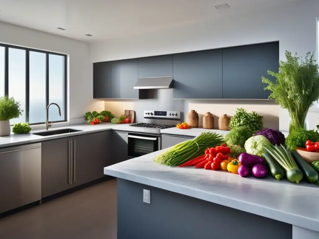 Hermosa cocina moderna con isla de mármol, vegetales frescos coloridos y luz natural