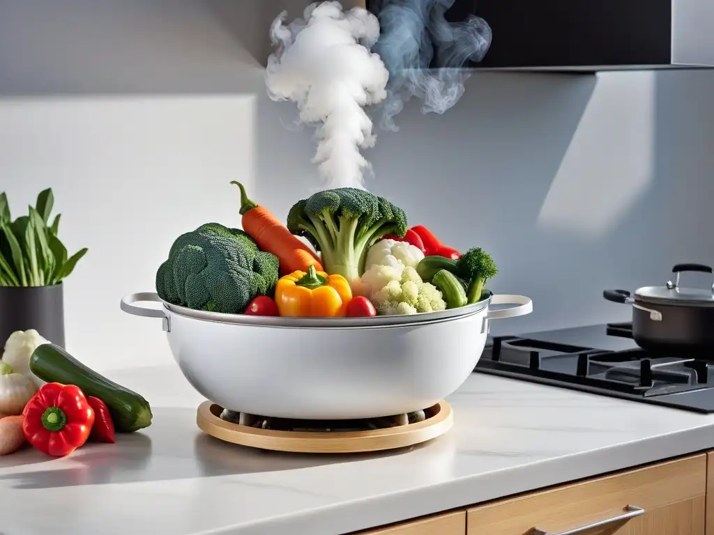 Una hermosa cocina vegana al vapor con bambú: verduras frescas y coloridas en una vaporera artesanal, envueltas en un suave vapor