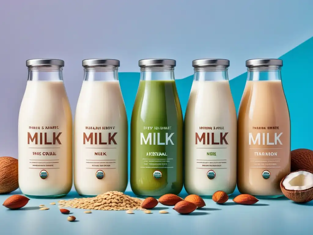 Deliciosas leches vegetales caseras en elegantes envases de vidrio Una hermosa presentación de recetas de leches vegetales caseras en botellas de vidrio, rodeadas de ingredientes frescos y coloridos