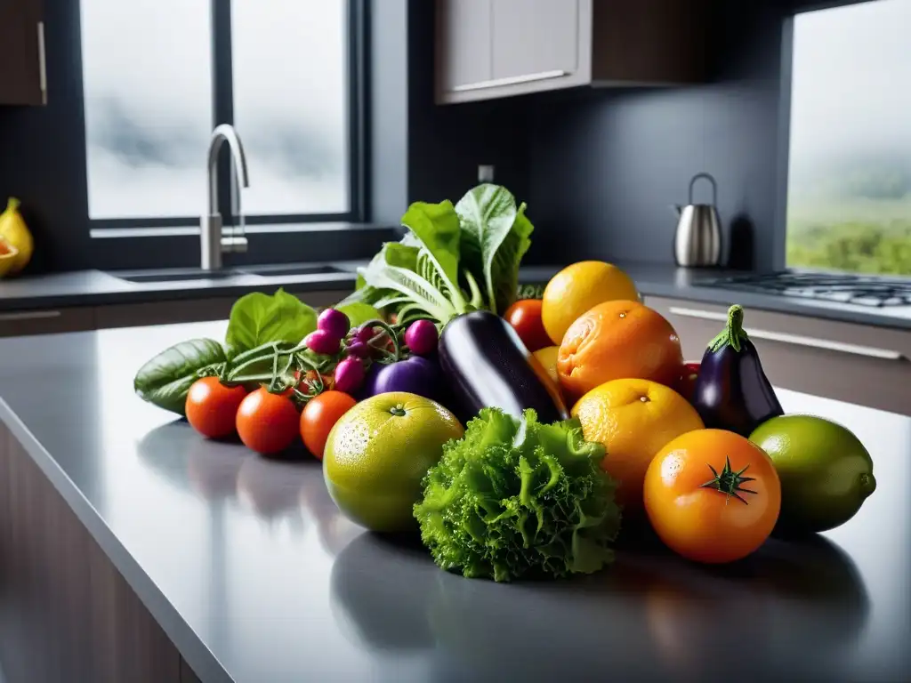 Una hermosa selección de frutas y verduras frescas en una cocina moderna