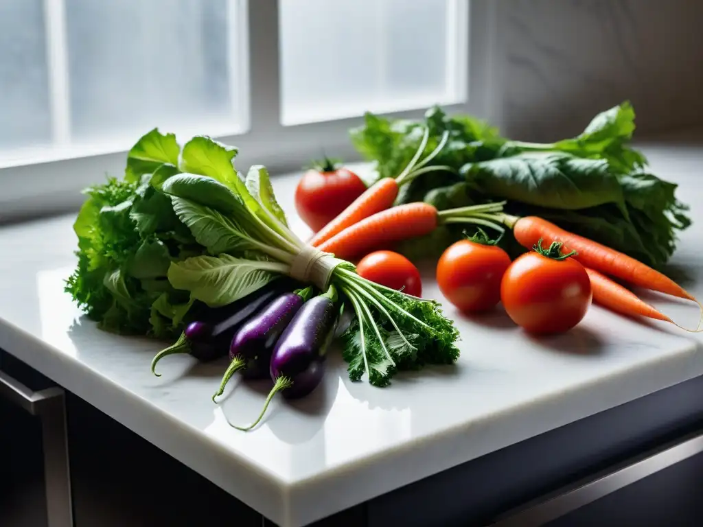 Un hermoso arreglo de verduras frescas sobre un elegante mostrador de mármol blanco