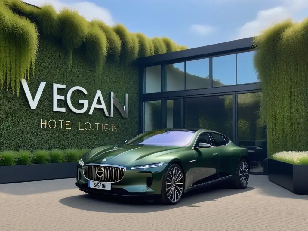 Hotel vegano de lujo: diseño moderno y sostenible en Europa Hermoso hotel vegano en Europa con diseño moderno y sostenible, reflejando un atardecer espectacular