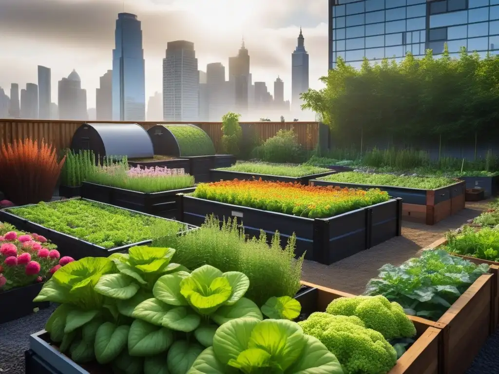 Un hermoso huerto sostenible vegano en la azotea urbana, con plantas vibrantes y colmenas de abejas