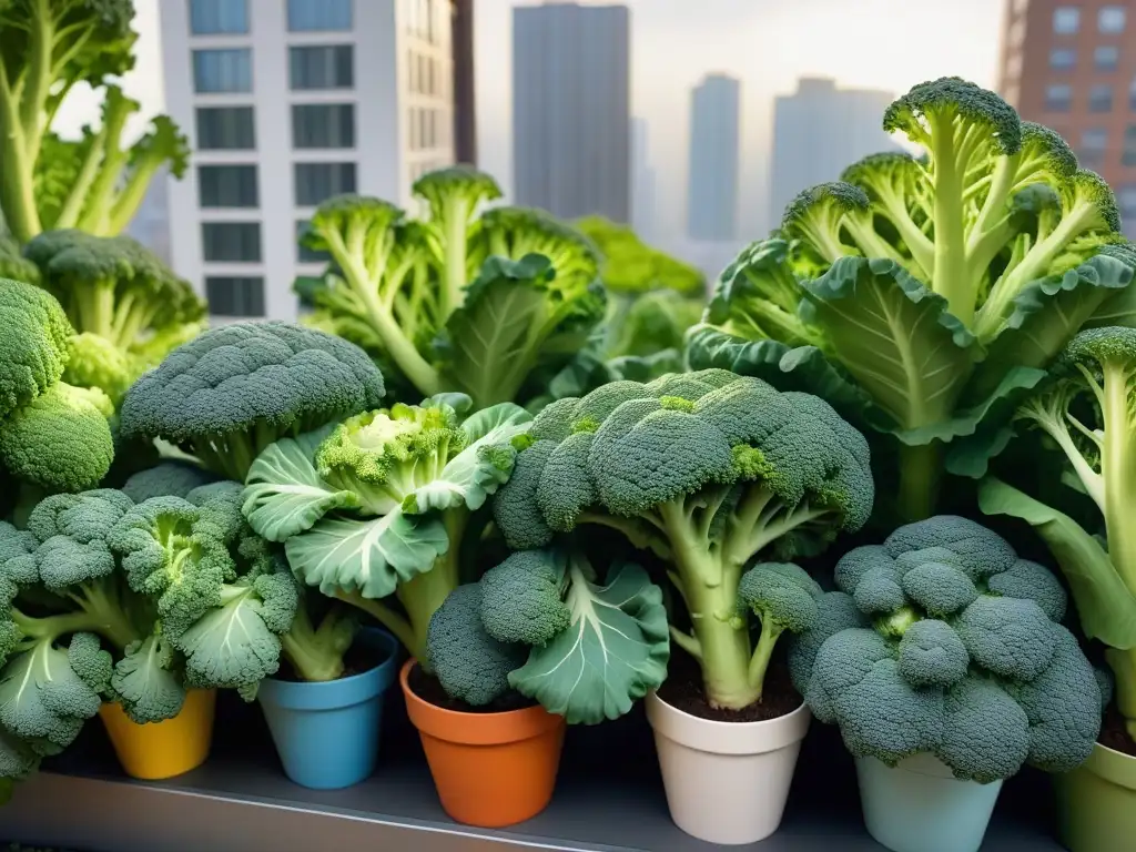 Un hermoso jardín de balcón urbano con exuberantes plantas de brócoli en macetas, destacando la versatilidad de cultivar verduras en espacios pequeños