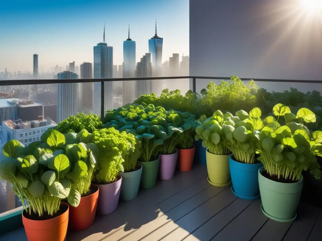 Un hermoso jardín de balcón urbano con rabanitos verdes en crecimiento rodeado de verduras coloridas en macetas