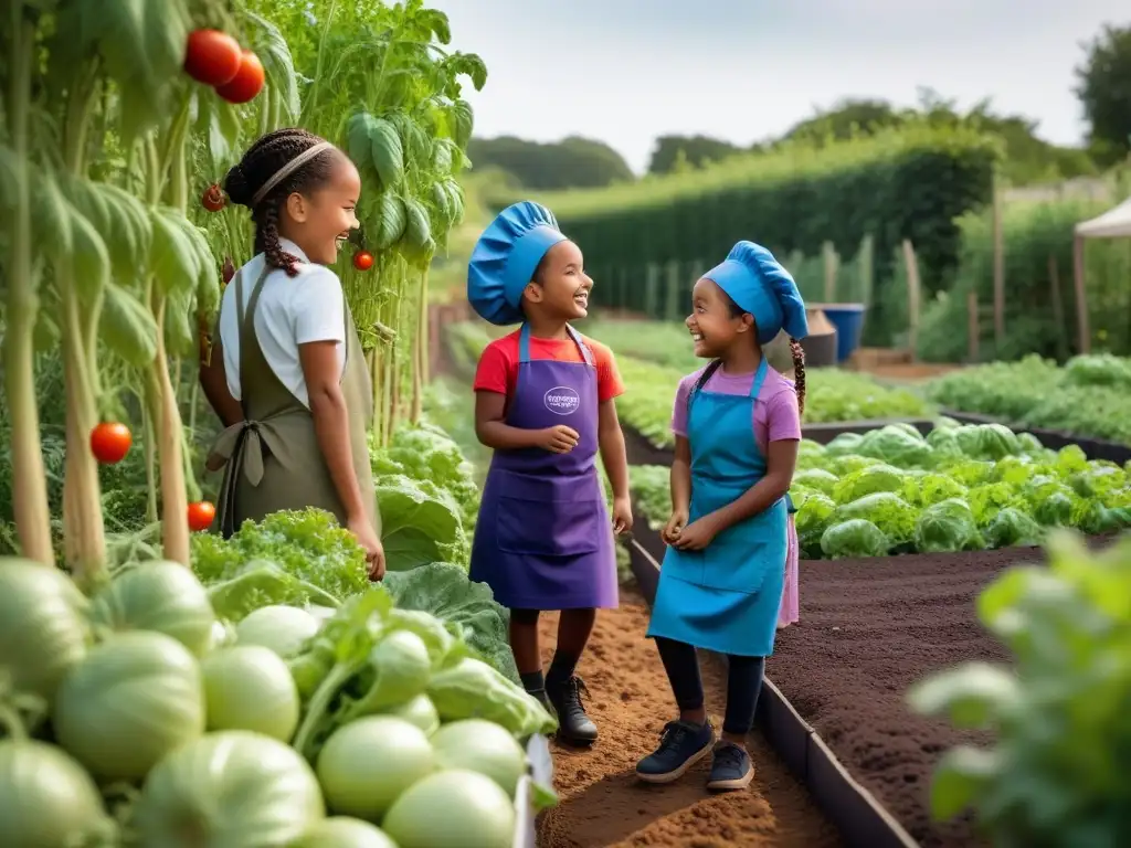 Un hermoso jardín de vegetales coloridos donde niños disfrutan recogiendo productos frescos