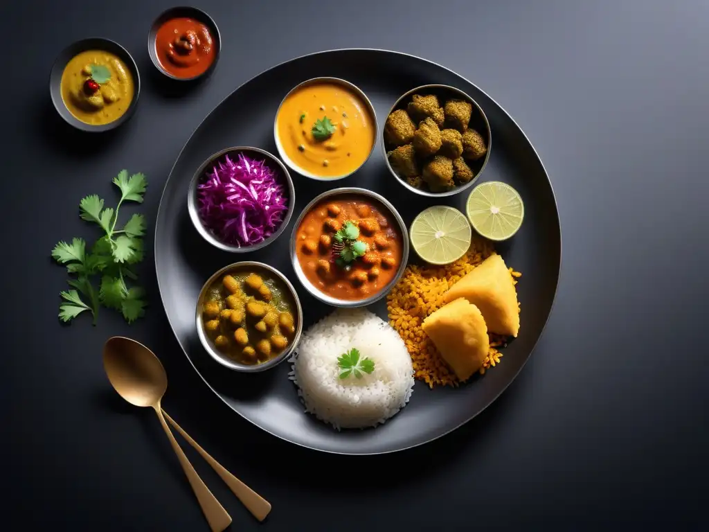 Una historia de cocina vegana india: un thali de acero inoxidable con delicias coloridas en un patrón circular vibrante