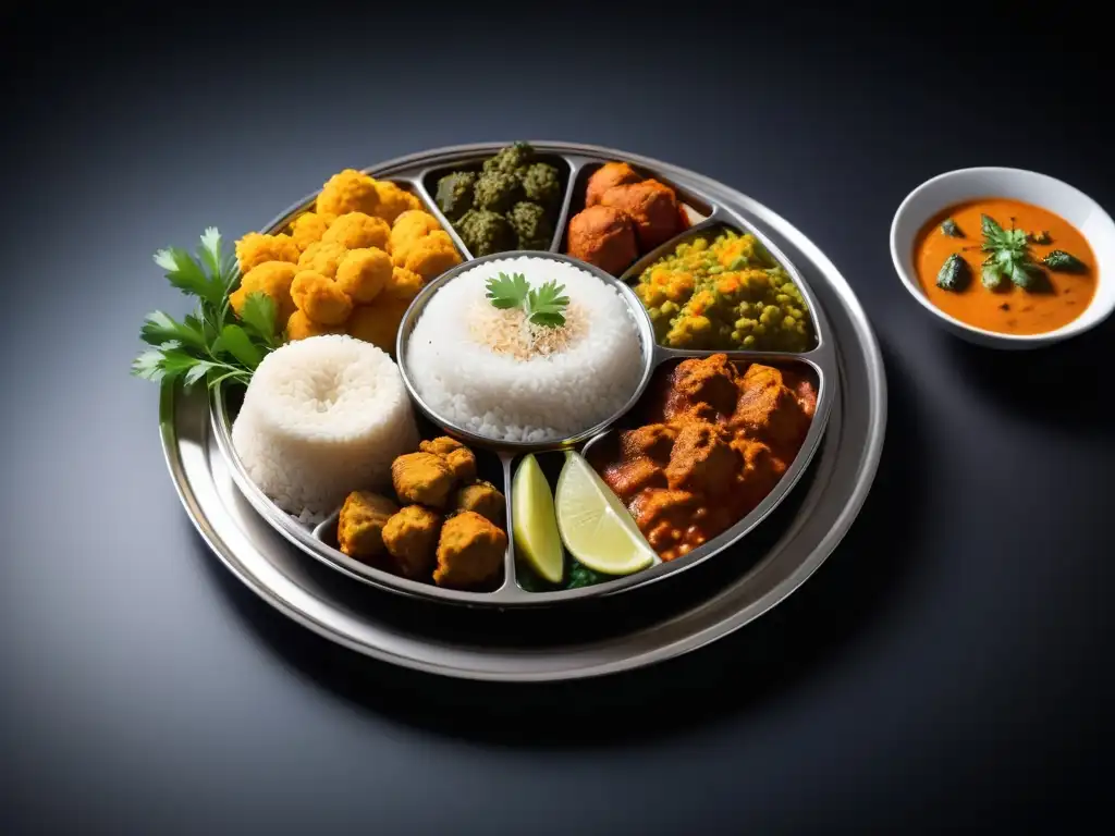 Una historia de la rica tradición culinaria de la cocina vegana india en un thali de acero inoxidable con platillos vibrantes y aromáticos