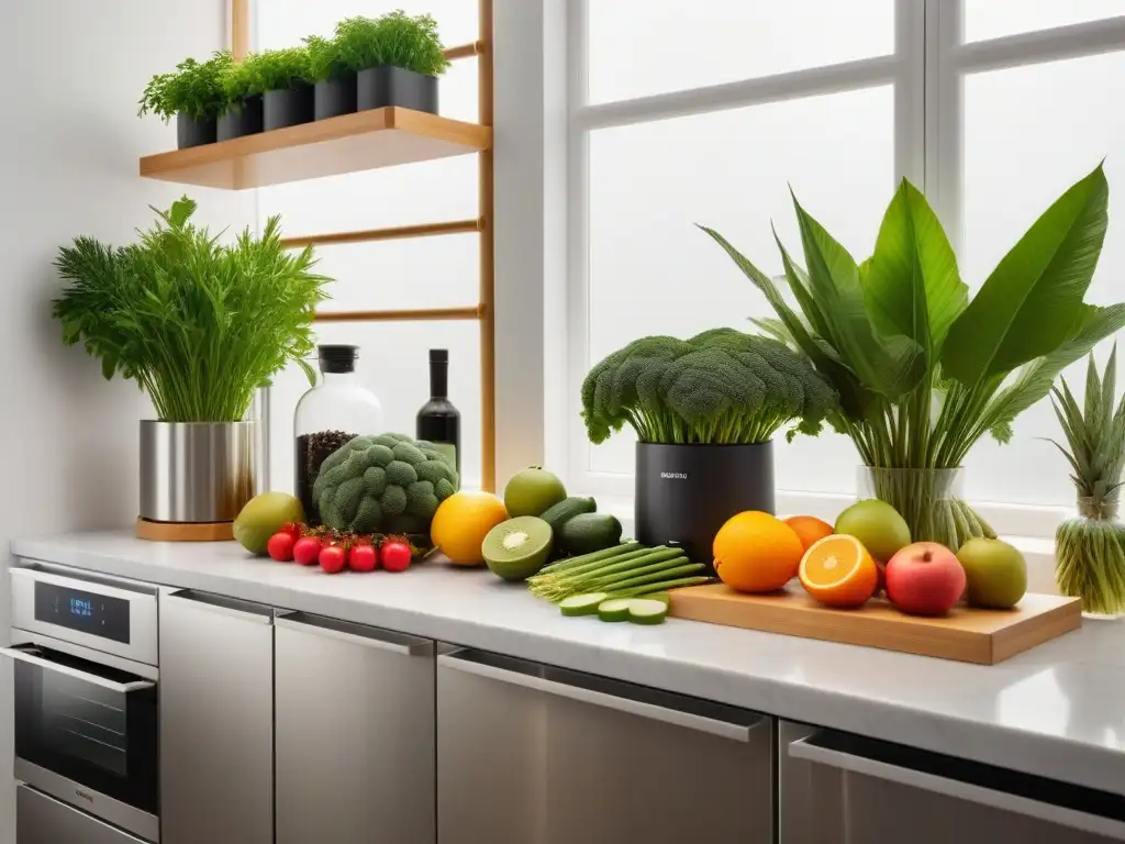 Un hogar sostenible y acogedor, con prácticas veganas, frutas y verduras frescas en una cocina moderna y organizada