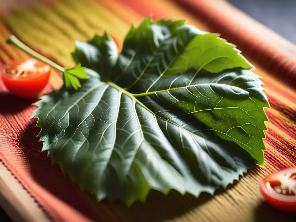 Una hoja de uva rellena con quinoa, tomate, hierbas y especias, mostrando la preparación de dolmas veganos receta fácil