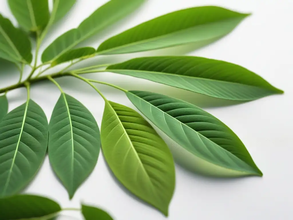 Hoja de moringa verde vibrante en fondo blanco, reflejando frescura y pureza