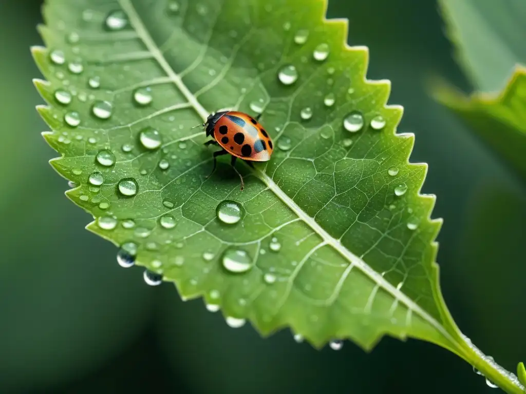 Detalle asombroso: hoja verde con gotas de rocío y vida en miniatura Hoja verde vibrante con venas intrincadas y rocío brillante, rodeada de insectos