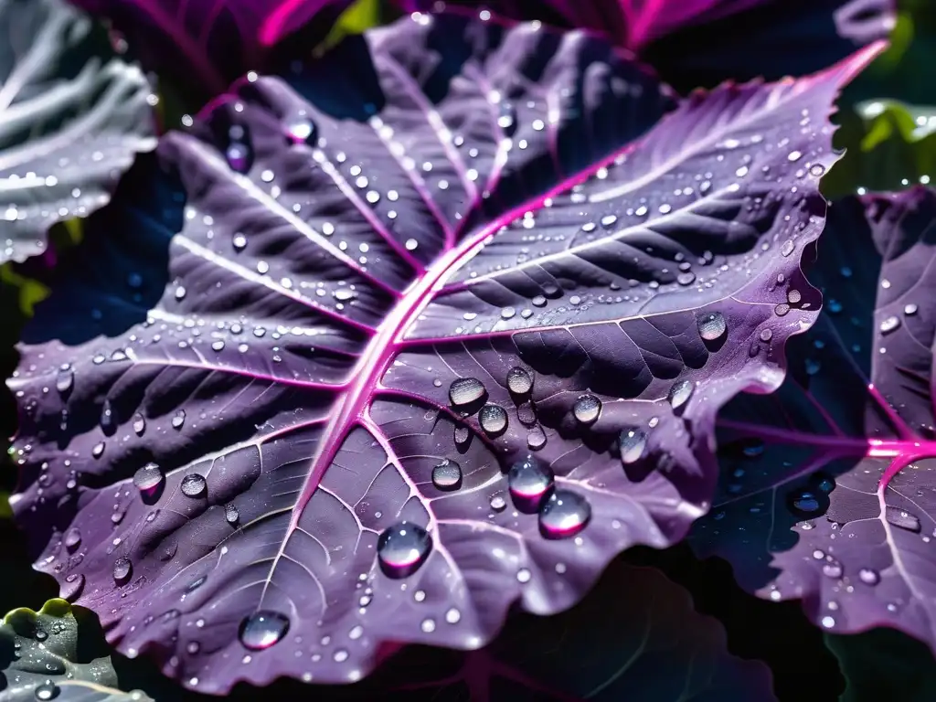 Hojas de repollo morado brillantes con gotas de agua, patrones naturales detallados