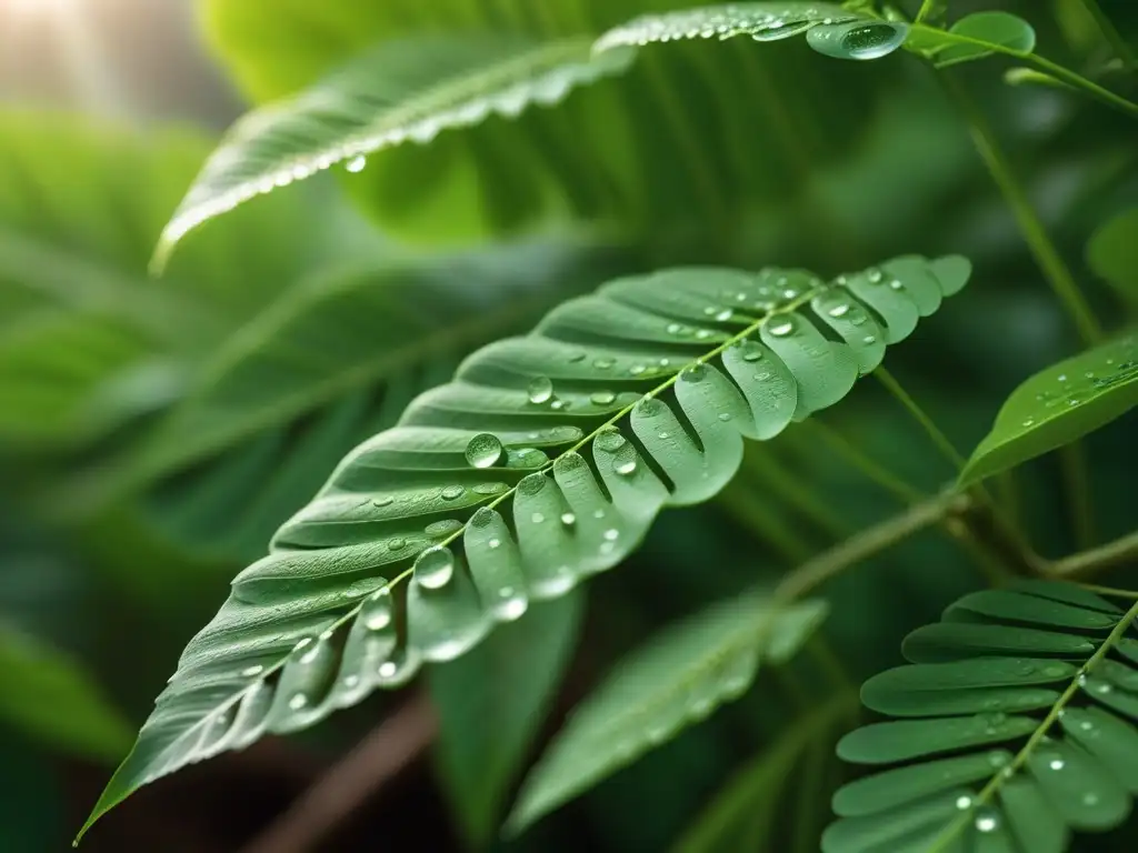 Hojas de moringa verde brillante con rocío, patrón simétrico bajo luz matutina