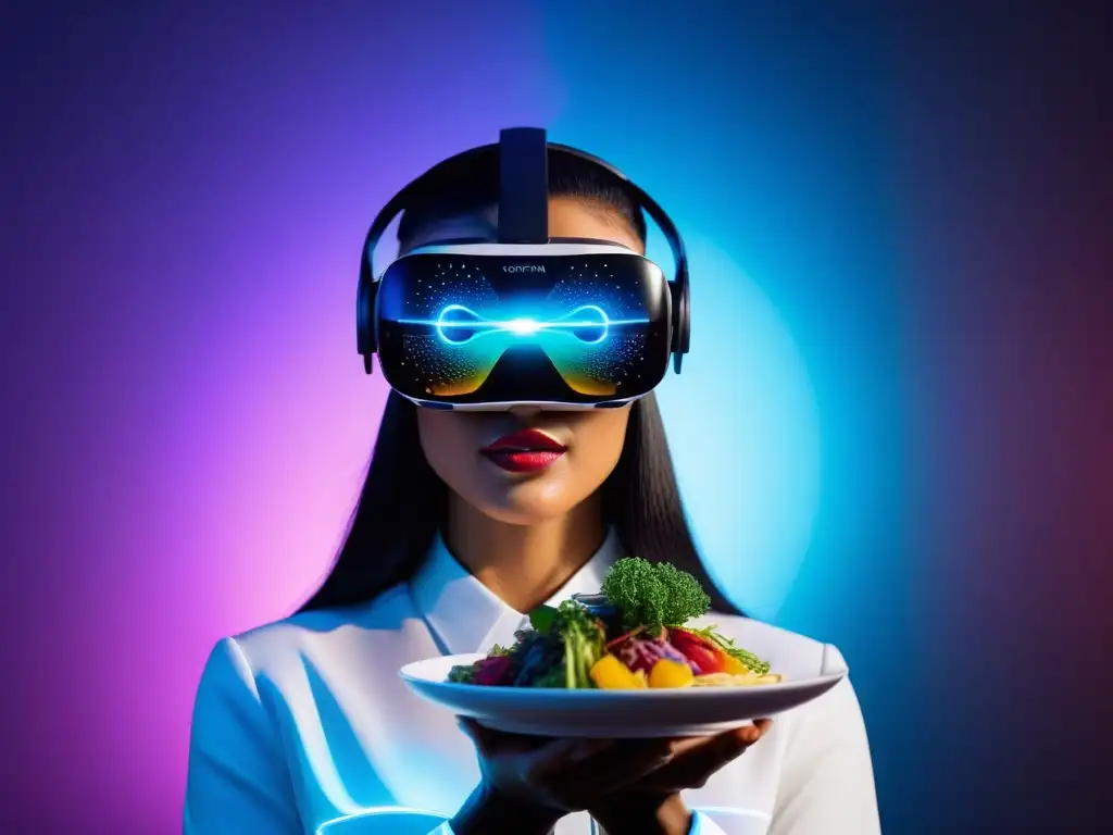 Un holograma 3D de un plato vegano rodeado de tecnología futurista