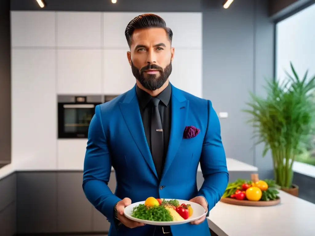 Un hombre moderno y confiado en un elegante traje sosteniendo un plato de comida vegana en una lujosa cocina