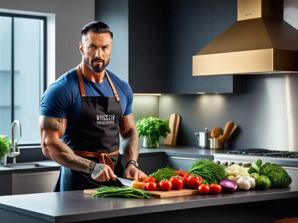 Un hombre musculoso y tatuado cocina una comida vegana en una cocina moderna, redefiniendo veganismo y masculinidad