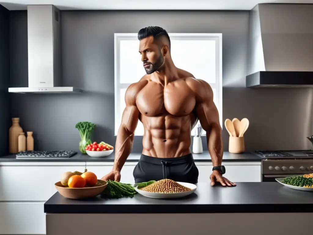 Un hombre vegano desafiando mitos sobre proteínas y músculo en su cocina moderna, preparando alimentos con precisión y fuerza